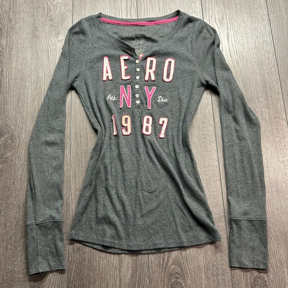 Aeropostale Womens Gray Y2K Henley Large Long Sleeve Graphic Thermal Top